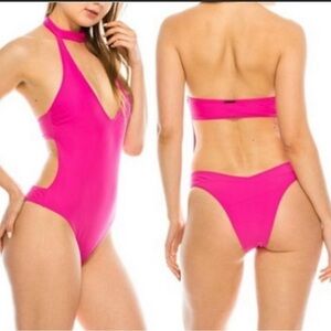 Kendall & Kylie Turtle Neck One Piece Fuchsia Swimsuit with Bag